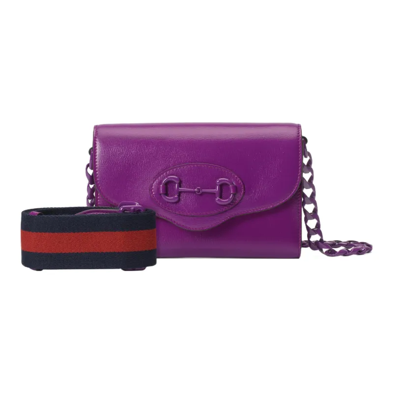GUCCI Horsebit 1955 Leather Crossbody Bag, Shoulder Bag Women's Purple-2