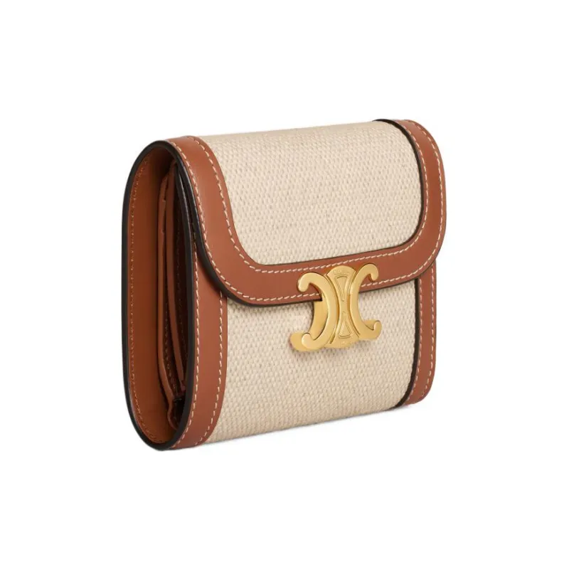 CELINE Triomphe Fabric Cow Leather Patchwork Card Holder Wallet Small Size Women's Natural/Tan-2