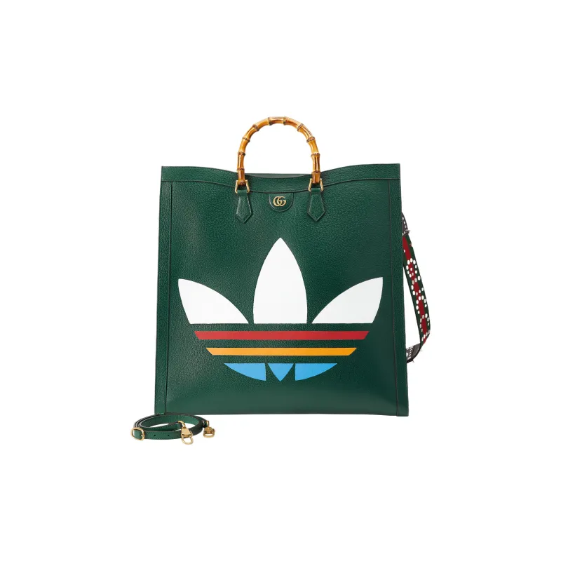 GUCCI Adidas Collaboration Leather Tote Bag Shopping Bag Shoulder Bag Crossbody Bag Handbag Large Size Men's Dark Green-2