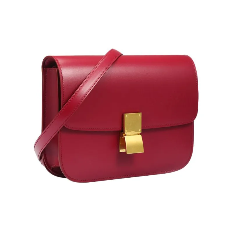CELINE Classic Bo Polished Cow Leather Handbag Tofu Bag Block Crossbody Bag Shoulder Bag Women's Raspberry Red-1