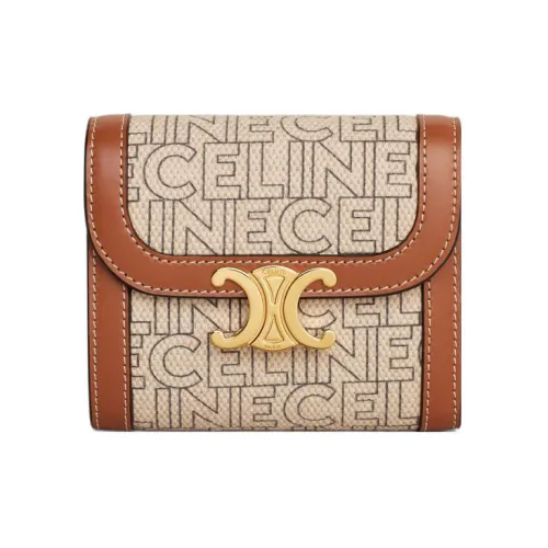 CELINE Triomphe Arc De Triomphe Fabric With Calfskin Card Holder Wallet Small Size Women's Natural/Brown
