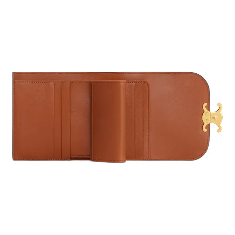 CELINE Triomphe Fabric Cow Leather Patchwork Card Holder Wallet Small Size Women's Natural/Tan-3