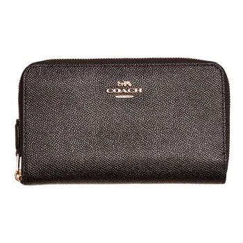 COACH Zip Around Cross-Stitch Leather Card Holder Wallet Unisex Light Gold/Black