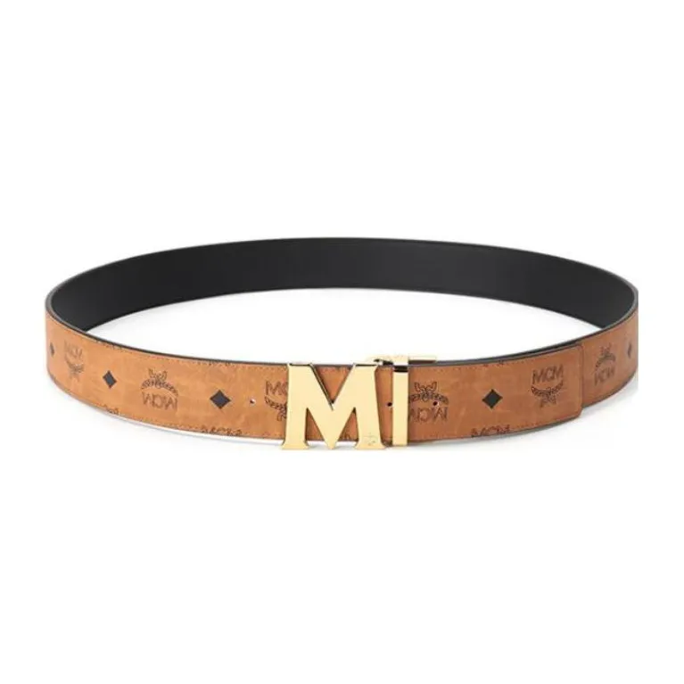 MCM Coated Canvas With Leather Board Buckle Double-Sided Belt Leather Belts Women's Black Cognac Gold Width 2.8cm-2
