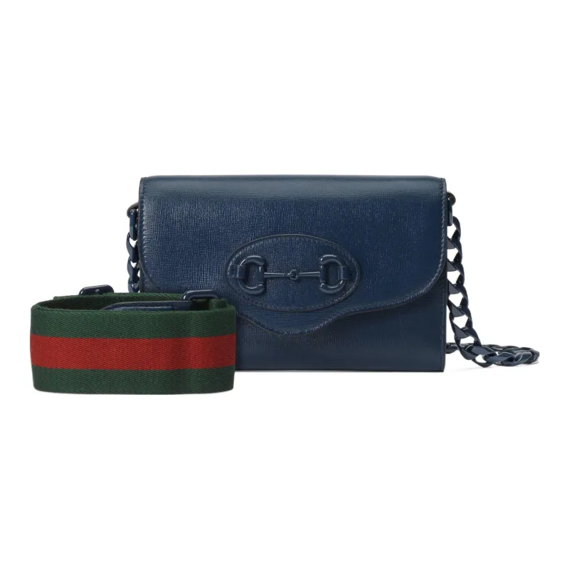 GUCCI Horsebit 1955 Leather Crossbody Bag, Shoulder Bag Women's Blue-2