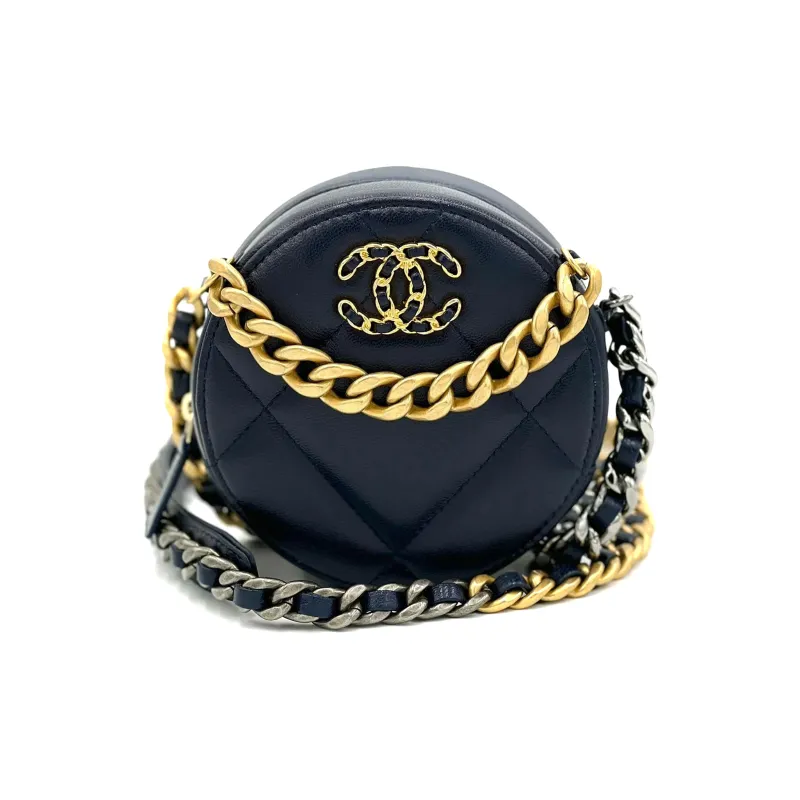 CHANEL 19Bag Sheepskin Evening Bag, Round Bag, Handheld Bag, Shoulder Bag, Crossbody Bag Women's Dark Blue-0