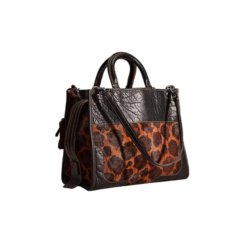 COACH Rogue Printed Full Fur Calfskin Shoulder Bag, Crossbody Bag, Handbag Large Size Women's Black & Brown-1
