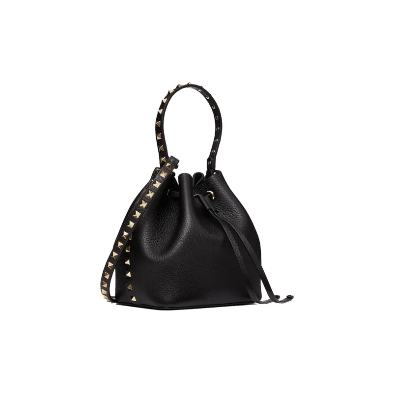 Valentino Rockstud Calfskin Bucket Bag Shoulder Bags Handbags Small Size Women's Black-1