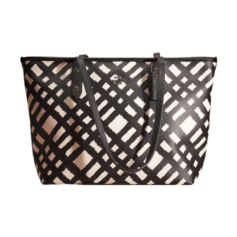 COACH City Zip Tote Canvas With Leather Tote Bag Shopping Bag Shoulder Bag Handbag Large Size Women's Black & White-0