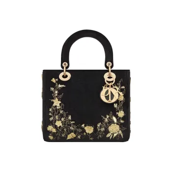 DIOR Lady Dior Pattern Embroidered Velvet Daisie Bag Shoulder Bag Crossbody Bag Handbag Medium Size Women's Black