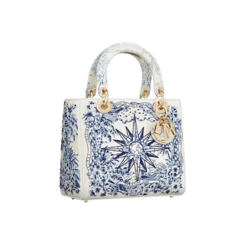 DIOR Lady Dior Embroidered Cow Leather Dior Bag Shoulder Bag Crossbody Bag Handbag Medium Size Women's Blue & White-1