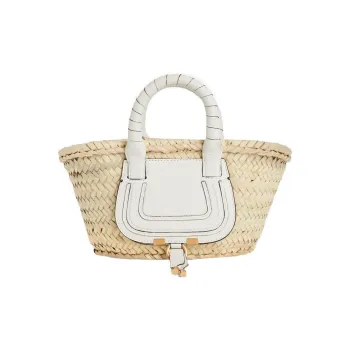 Chloe Marcie Raffia Patchwork Cow Leather Basket Bag Handbag Mini Women's White