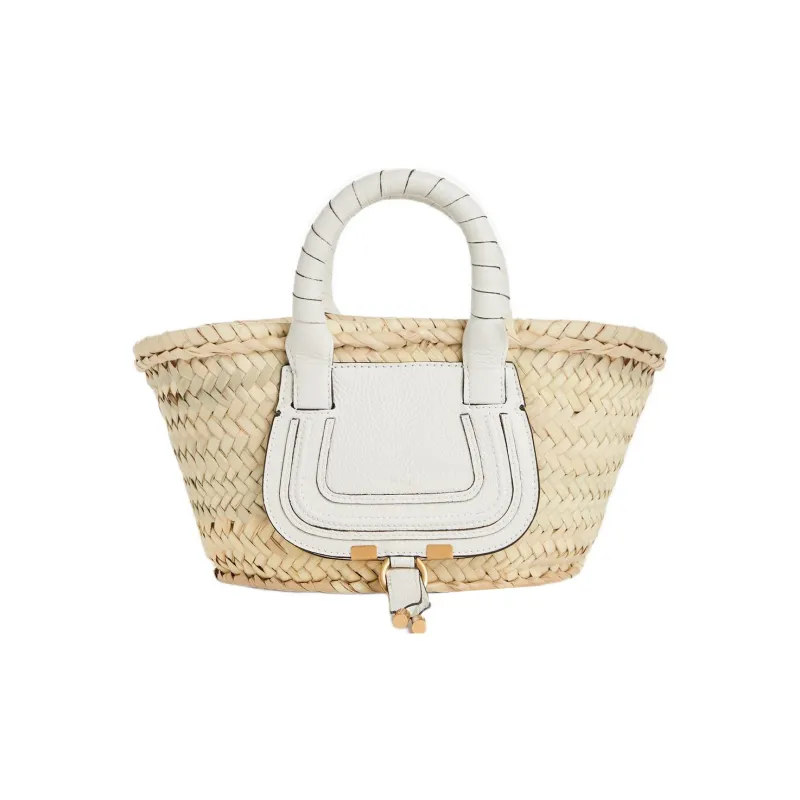 Chloe Marcie Raffia Patchwork Cow Leather Basket Bag Handbag Mini Women's White-0