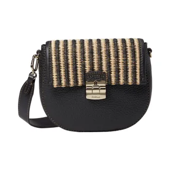 Furla Club 2 Raffia And Grain Cow Leather Combination Crossbody Bag, Shoulder Bag Women's Black