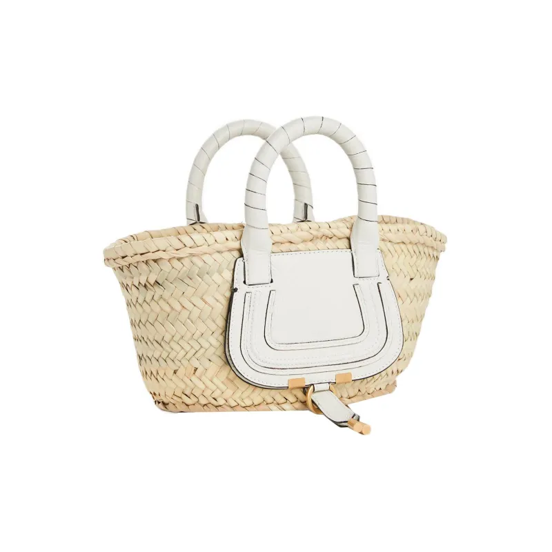 Chloe Marcie Raffia Patchwork Cow Leather Basket Bag Handbag Mini Women's White-1