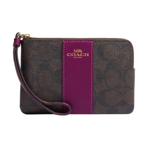 COACH Corner Zip Coated Canvas With Cross-Stitch Leather Detail Wrist Bags Clutches Small Size Women's Brown & Dark Red