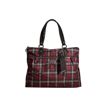 COACH Plaid Velvet Tote Bag Shopping Bag Shoulder Bag Handbag Large Size Women's Black & Deep Red