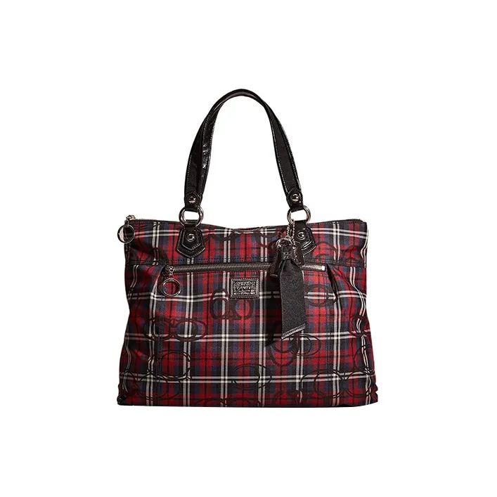 COACH Plaid Velvet Tote Bag Shopping Bag Shoulder Bag Handbag Large Size Women's Black & Deep Red-0