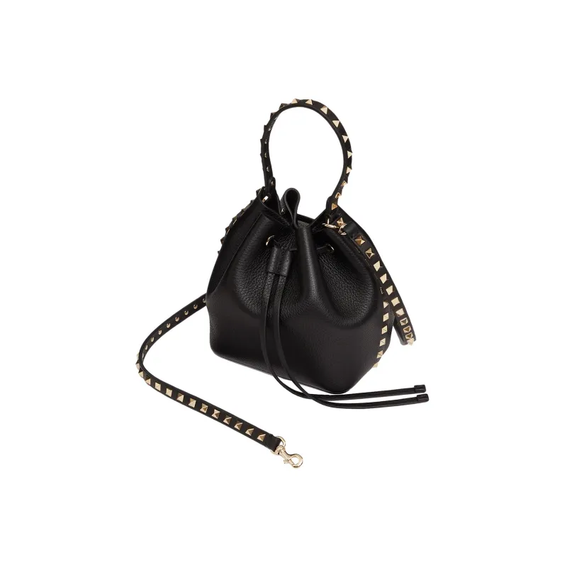 Valentino Rockstud Calfskin Bucket Bag Shoulder Bags Handbags Small Size Women's Black-4