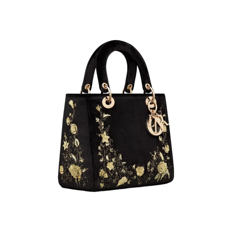 DIOR Lady Dior Pattern Embroidered Velvet Daisie Bag Shoulder Bag Crossbody Bag Handbag Medium Size Women's Black-2