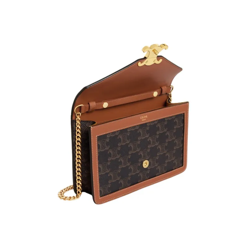 CELINE Triomphe Fabric With Calfskin Trim Shoulder Bag, Crossbody Bag, Wallet Mini Women's Tan-3