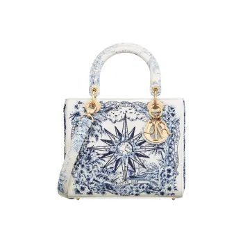 DIOR Lady Dior Embroidered Cow Leather Dior Bag Shoulder Bag Crossbody Bag Handbag Medium Size Women's Blue & White