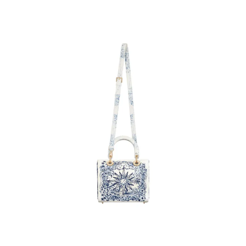 DIOR Lady Dior Embroidered Cow Leather Dior Bag Shoulder Bag Crossbody Bag Handbag Medium Size Women's Blue & White-4