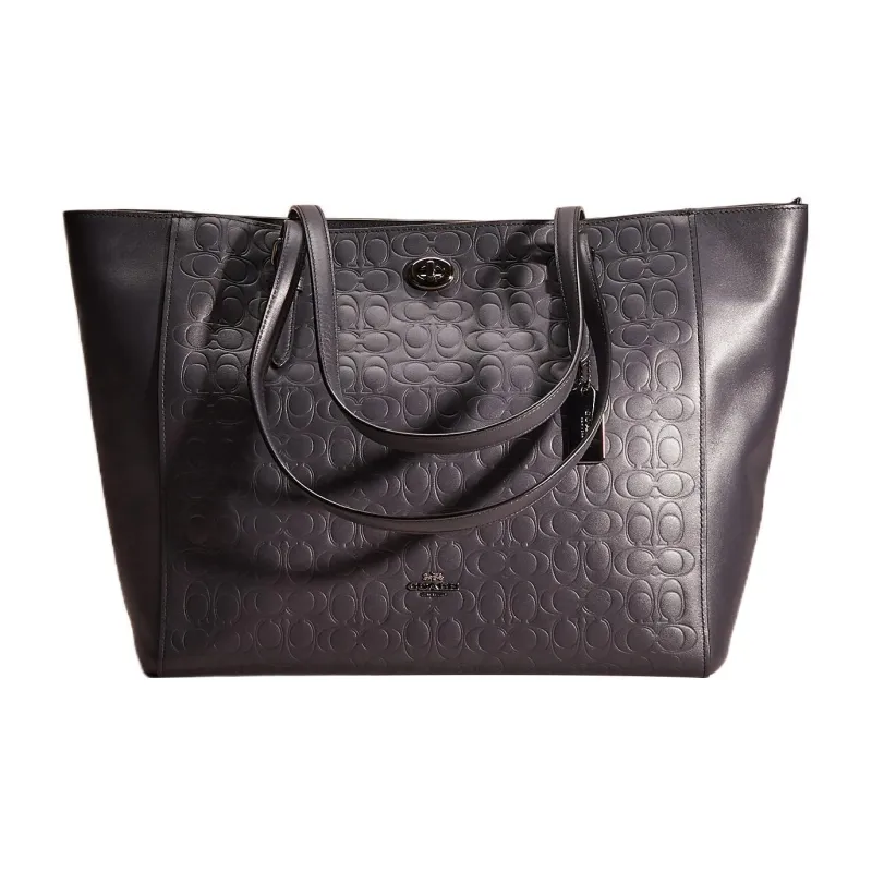 COACH Turnlock Calfskin Tote Bag Shopping Bag Handbag Shoulder Bag Large Size Women's Black-0