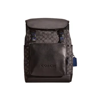 COACH Flap Jacquard Fabric With Leather Backpack Large Size Men's Black