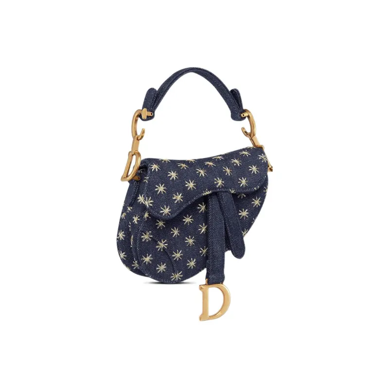DIOR Saddle Stars Embroidered Denim Fabric Saddle Bag Shoulder Bag Crossbody Bag Handbag Extra Mini Women's Blue-1
