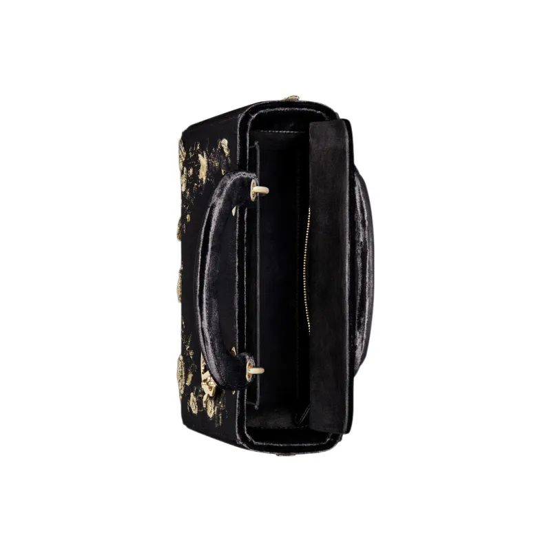 DIOR Lady Dior Pattern Embroidered Velvet Daisie Bag Shoulder Bag Crossbody Bag Handbag Medium Size Women's Black-4