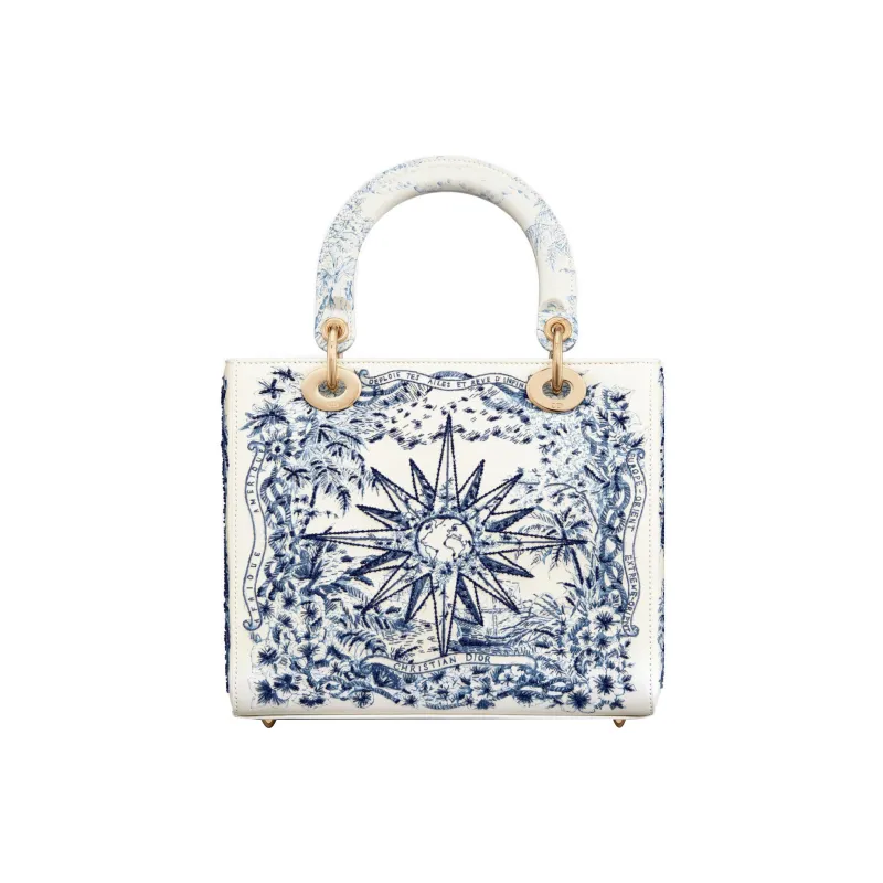 DIOR Lady Dior Embroidered Cow Leather Dior Bag Shoulder Bag Crossbody Bag Handbag Medium Size Women's Blue & White-2