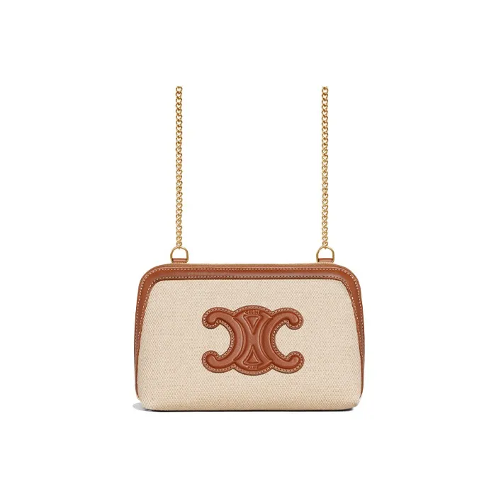 CELINE Cuir Triomphe Triumph Fabric With Cow Leather One Shoulder Crossbody Clutch Women's Natural/Tan-1