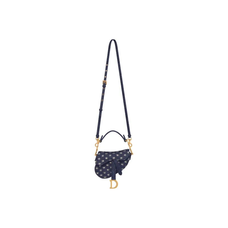 DIOR Saddle Stars Embroidered Denim Fabric Saddle Bag Shoulder Bag Crossbody Bag Handbag Extra Mini Women's Blue-3