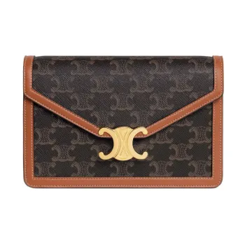 CELINE Triomphe Fabric With Calfskin Trim Shoulder Bag Crossbody Bag Wallets Mini Women's Tan
