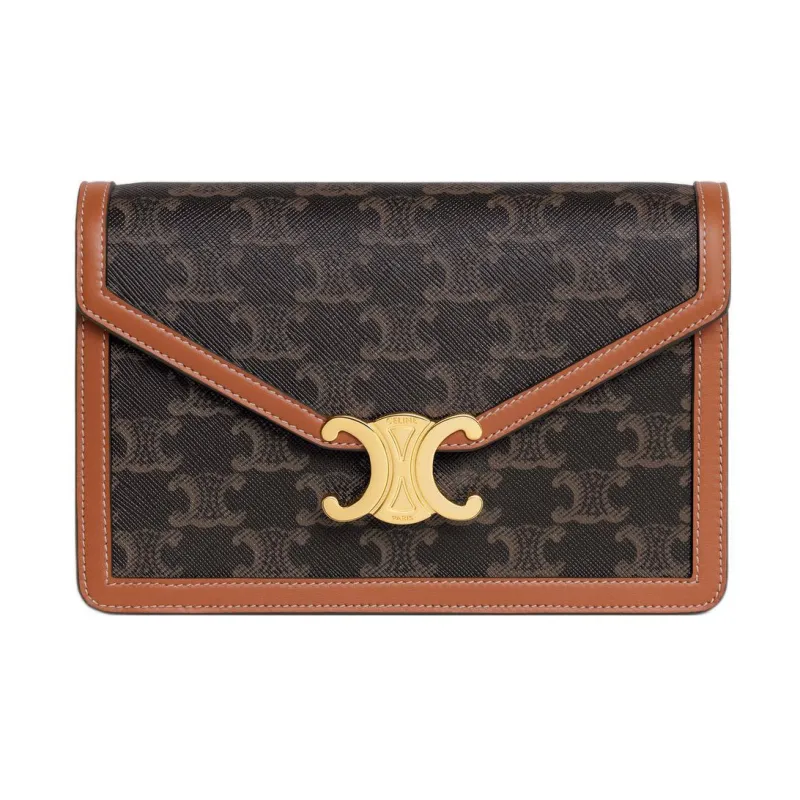 CELINE Triomphe Fabric With Calfskin Trim Shoulder Bag, Crossbody Bag, Wallet Mini Women's Tan-0