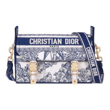 DIOR DiorCamp Pattern Embroidered Canvas Messenger Bag Shoulder Bag Crossbody Bag Small Size Women's Blue
