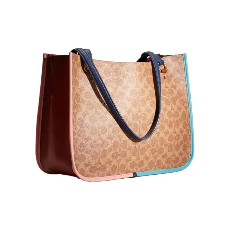 COACH Tyler Coated Canvas With Genuine Calfskin One Shoulder Handbags Large Size Women's Tan & Rust-1