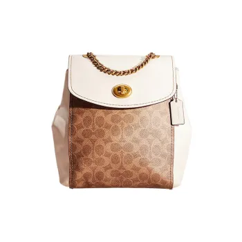 COACH Parker Signature Coated Canvas With Delicate Calfskin Backpack Medium Size Women's Tan & Chalk White
