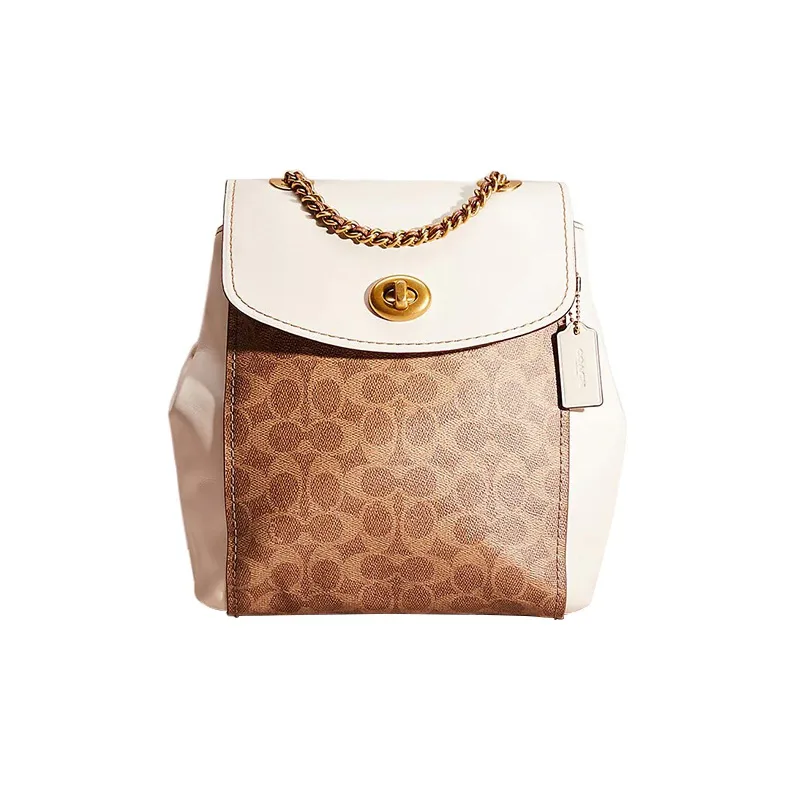COACH Parker Signature Coated Canvas With Delicate Calfskin Backpack Medium Size Women's Tan & Chalk White-0