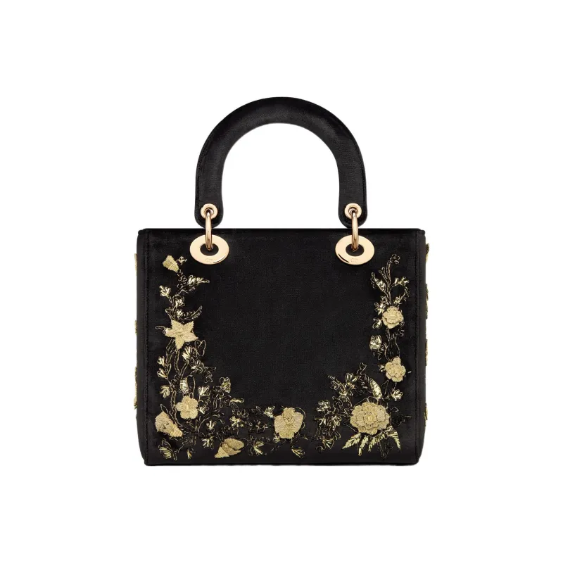 DIOR Lady Dior Pattern Embroidered Velvet Daisie Bag Shoulder Bag Crossbody Bag Handbag Medium Size Women's Black-3