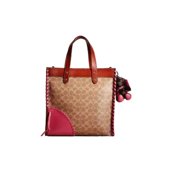 COACH Field Coated Canvas With Calfskin Shoulder Bag Crossbody Bag Handbag Large Size Women's Tan & Rusty Pink