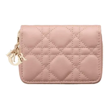 DIOR Lady Dior Sheepskin Wallet Small Size Women's Rose Pink