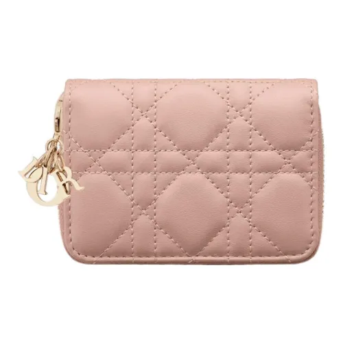 DIOR Lady Dior Sheepskin Wallet Small Size Women's Rose Pink