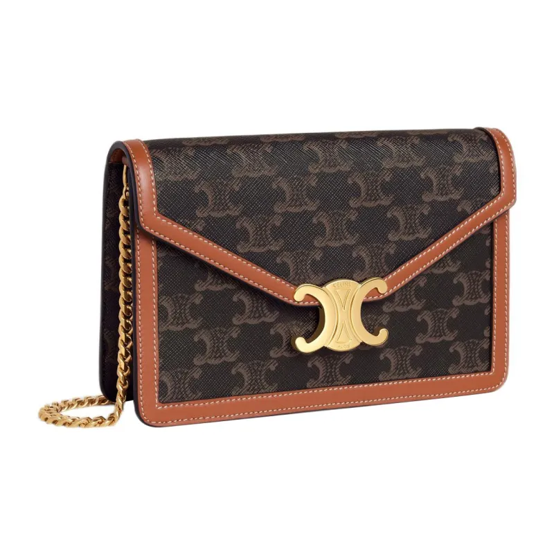 CELINE Triomphe Fabric With Calfskin Trim Shoulder Bag, Crossbody Bag, Wallet Mini Women's Tan-1