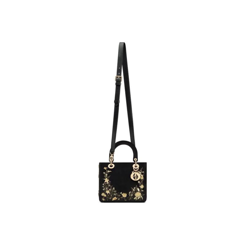 DIOR Lady Dior Pattern Embroidered Velvet Daisie Bag Shoulder Bag Crossbody Bag Handbag Medium Size Women's Black-1