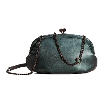 COACH Kisslock Metallic-Feeling Soft Craft Leather One Shoulder Crossbody Clutches Large Size Women's Metal Dark Green