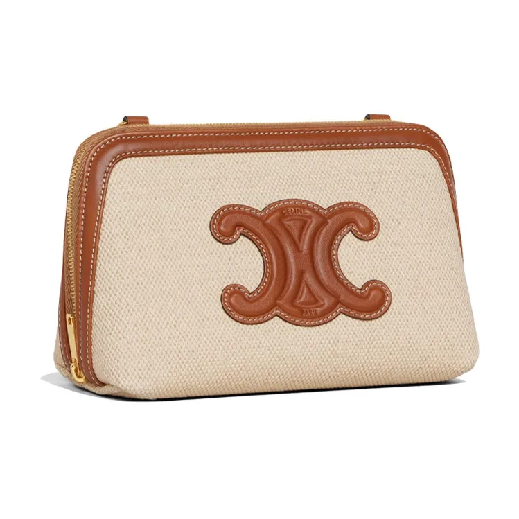 CELINE Cuir Triomphe Triumph Fabric With Cow Leather One Shoulder Crossbody Clutch Women's Natural/Tan-2
