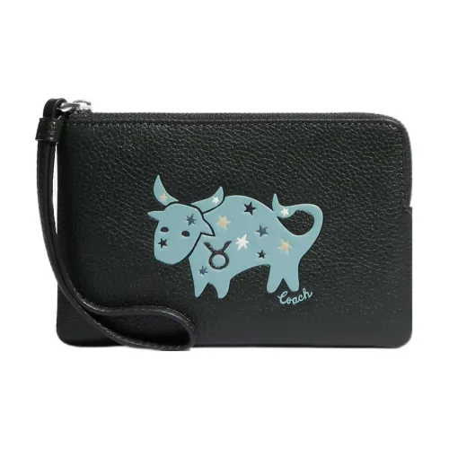 COACH Corner Zip Pebbled Leather Wrist Bags Clutches Small Size Women's Amazon Green