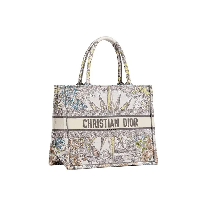 DIOR BookTote Embroidery Tote Bag, Shopping Bag, One Shoulder Handbag Medium Size Women's White/Multicolor-1